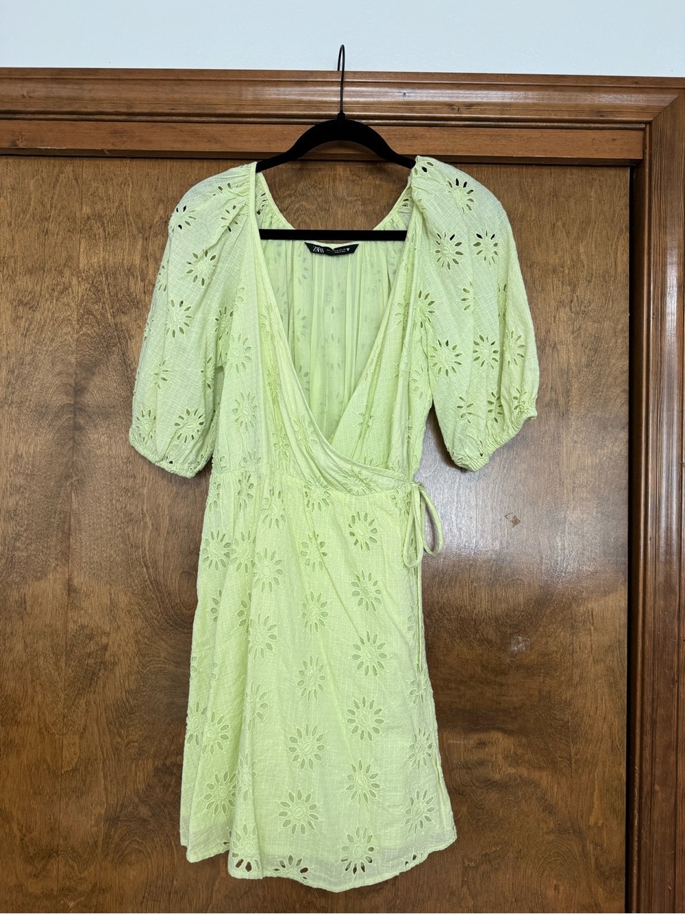 Zara Light Green Eyelet Wrap Mini Dress